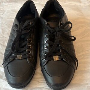 Versace Collection Men's Black Leather Lace-Up Sneakers with Silver Medallion